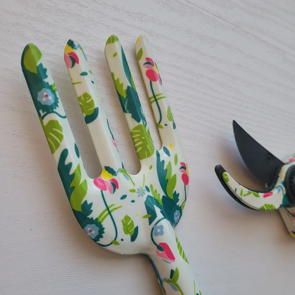 2-Piece Floral Garden Tools hand fork & Pruning Shears Decorative Print Aluminum